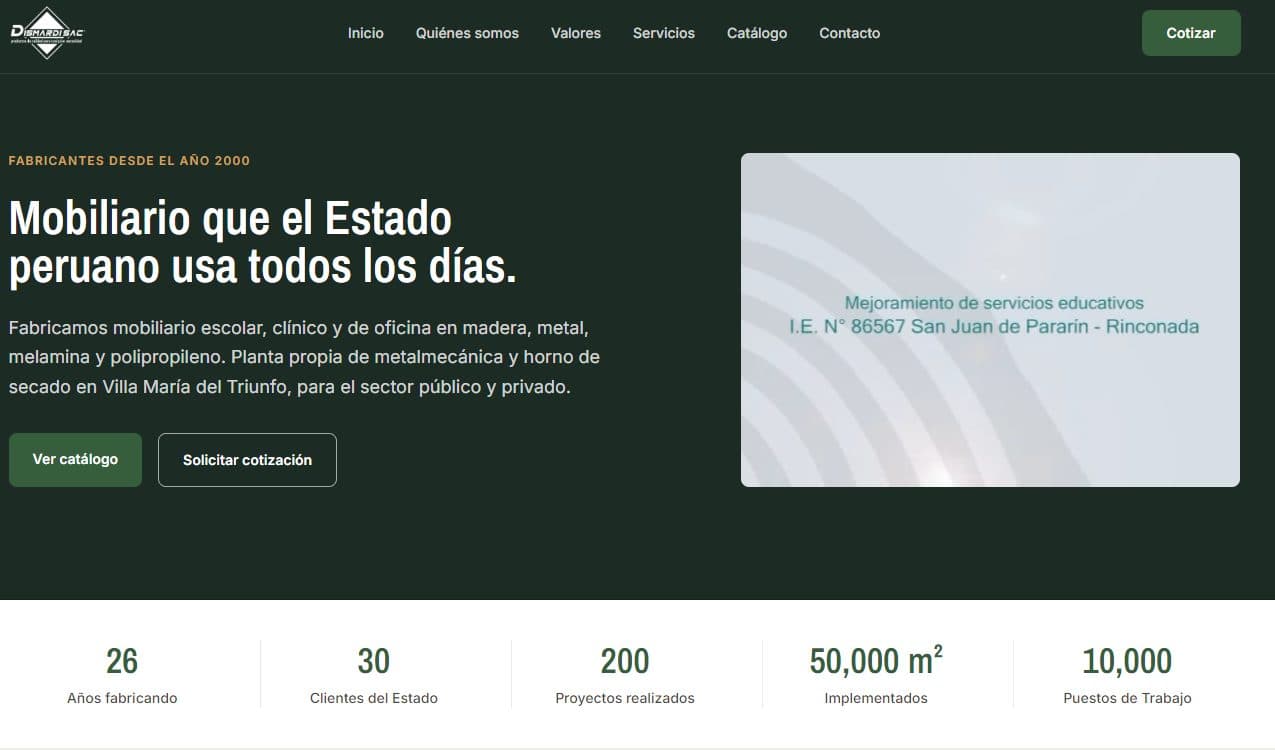 Home page of the Dismardi corporate site, dark-green hero with an autoplaying institutional video.
