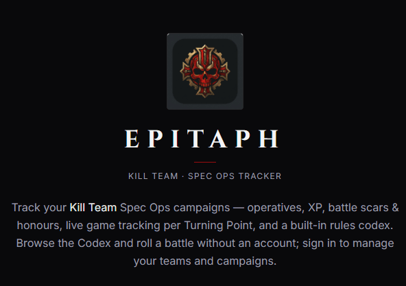 Epitaph's landing screen — the skull emblem, wordmark and tagline over a dark background.